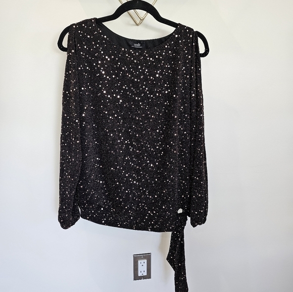 Wallis Cold Open Shoulder Side Tie Rose Gold Sequin Burgandy Wine Top Sz Medium - Picture 1 of 6